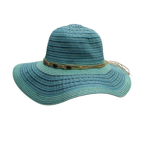 Scala Collezione Turquoise Blue Striped Wide Brim Floppy Paper Braid Hat Womens - Picture 4 of 8